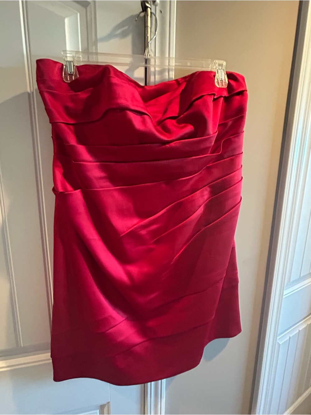 David's Bridal Strapless Sweetheart Ruched Mini Dress in Fuchsia
